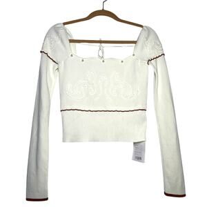 New Cream Long Sleeve Cropped Top Coquette Beaded Embroidered Sweater Blouse M